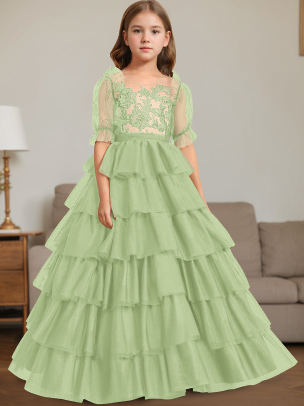 Ball-Gown Scoop Neck Sleeveless Floor-Length Flower Girl Dress with Lace Celadon