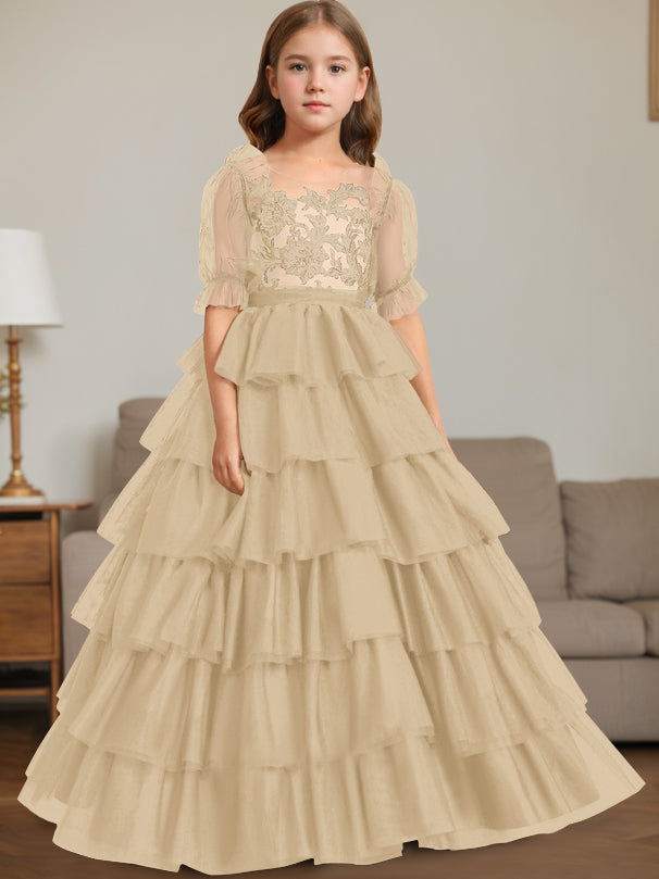 Ball-Gown Scoop Neck Sleeveless Floor-Length Flower Girl Dress with Lace Champagne