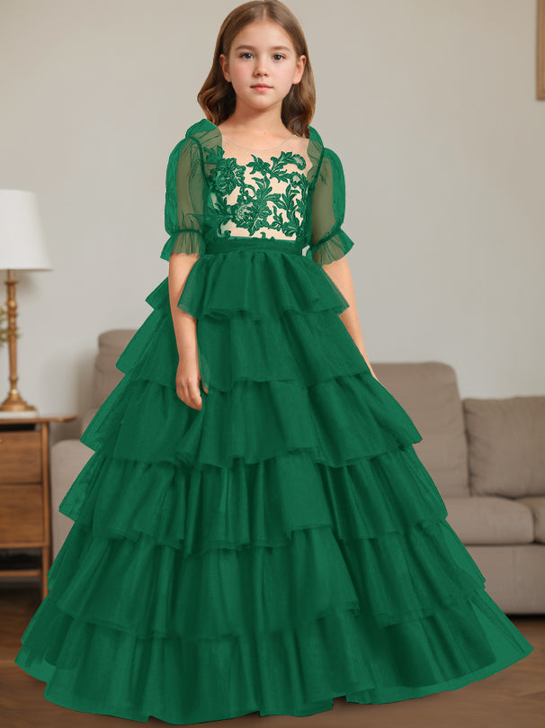 Ball-Gown Scoop Neck Sleeveless Floor-Length Flower Girl Dress with Lace Dark Green