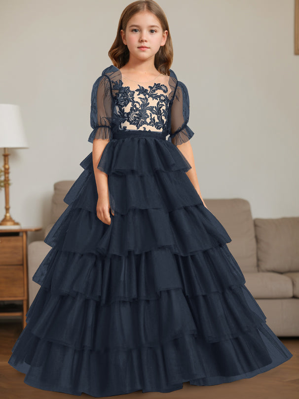 Ball-Gown Scoop Neck Sleeveless Floor-Length Flower Girl Dress with Lace Dark Navy