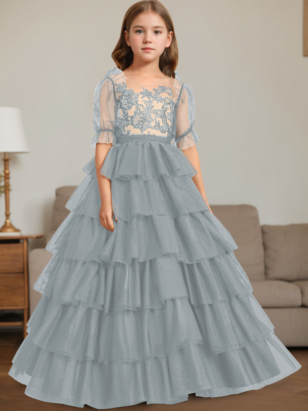 Ball-Gown Scoop Neck Sleeveless Floor-Length Flower Girl Dress with Lace Dusty Blue
