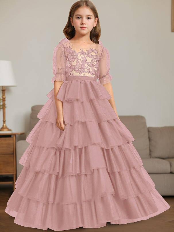 Ball-Gown Scoop Neck Sleeveless Floor-Length Flower Girl Dress with Lace Dusty Rose