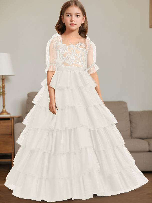 Ball-Gown Scoop Neck Sleeveless Floor-Length Flower Girl Dress with Lace Ivory