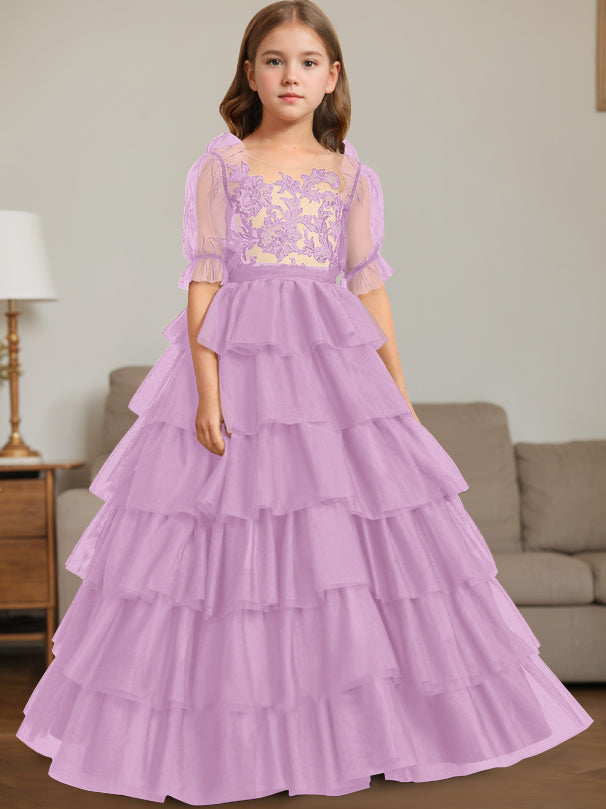 Ball-Gown Scoop Neck Sleeveless Floor-Length Flower Girl Dress with Lace Lilac