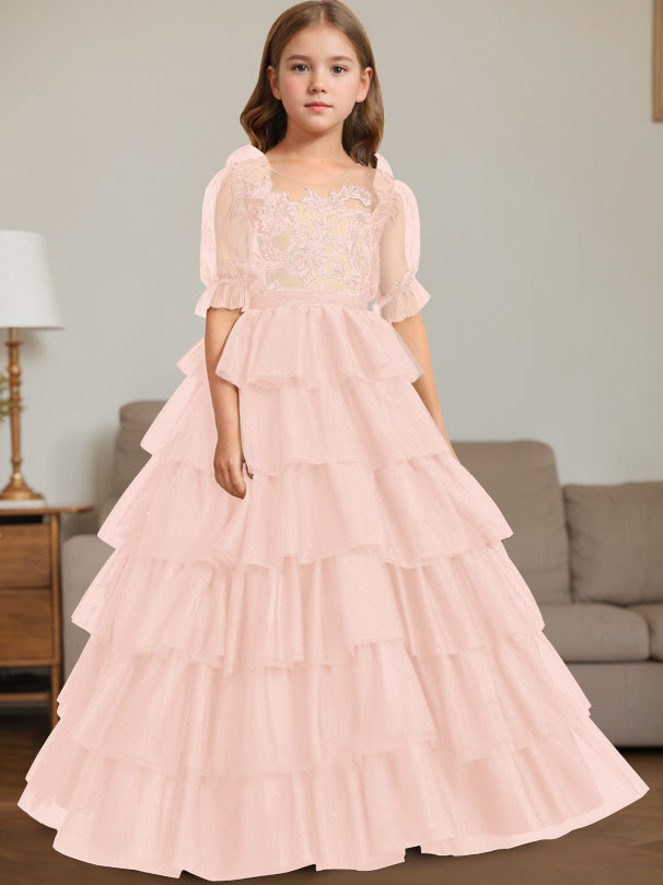 Ball-Gown Scoop Neck Sleeveless Floor-Length Flower Girl Dress with Lace Pearl Pink