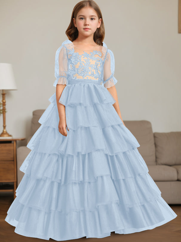 Ball-Gown Scoop Neck Sleeveless Floor-Length Flower Girl Dress with Lace Sky Blue