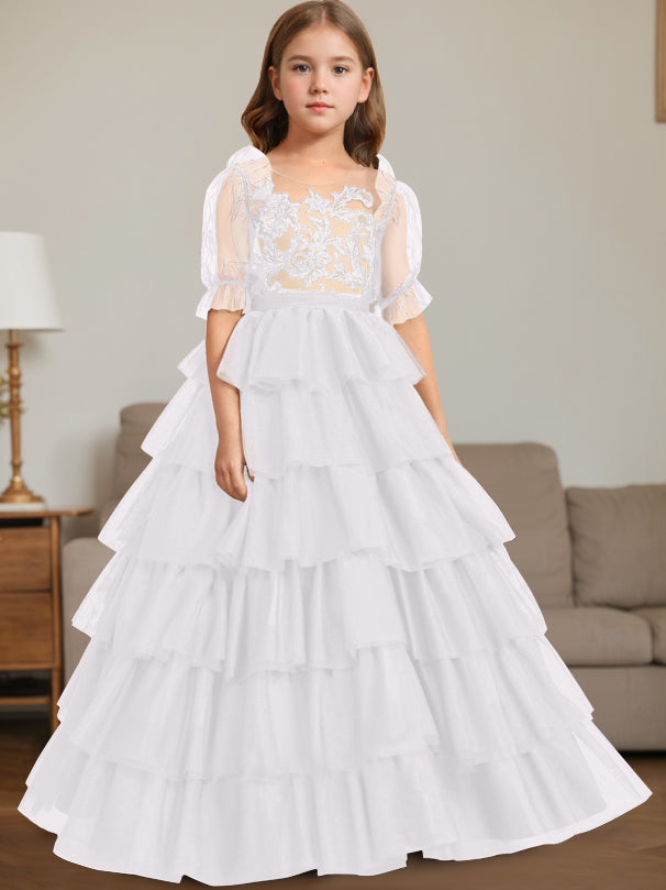Ball-Gown Scoop Neck Sleeveless Floor-Length Flower Girl Dress with Lace White