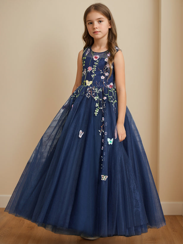 A-Line/Princess Scoop Neck Sleeveless Floor-Length Flower Girl Dress with Embroidery Dark Navy