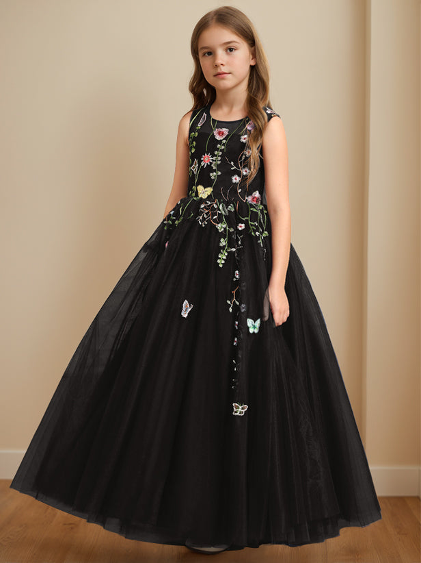 A-Line/Princess Scoop Neck Sleeveless Floor-Length Flower Girl Dress with Embroidery Black