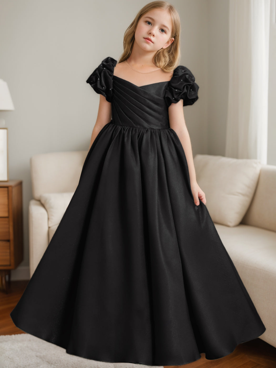 A-Line/Princess Scoop Neck Short Sleeves Floor-Length Flower Girl Dress with Ruffles Black