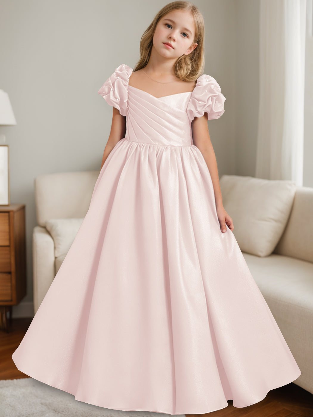 A-Line/Princess Scoop Neck Short Sleeves Floor-Length Flower Girl Dress with Ruffles Blush Pink