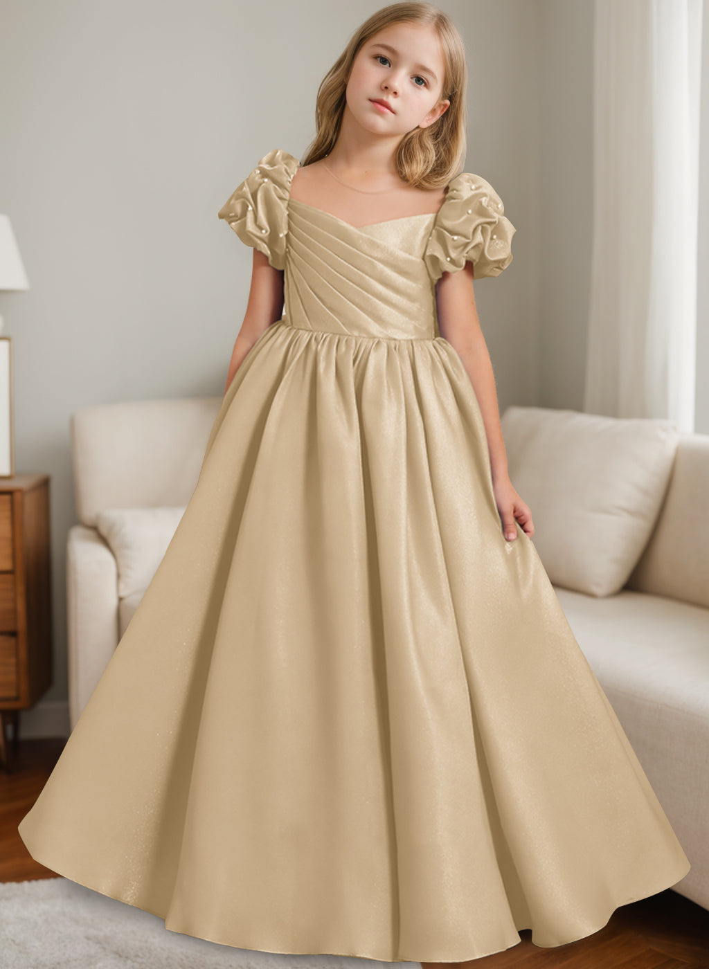 A-Line/Princess Scoop Neck Short Sleeves Floor-Length Flower Girl Dress with Ruffles Champagne
