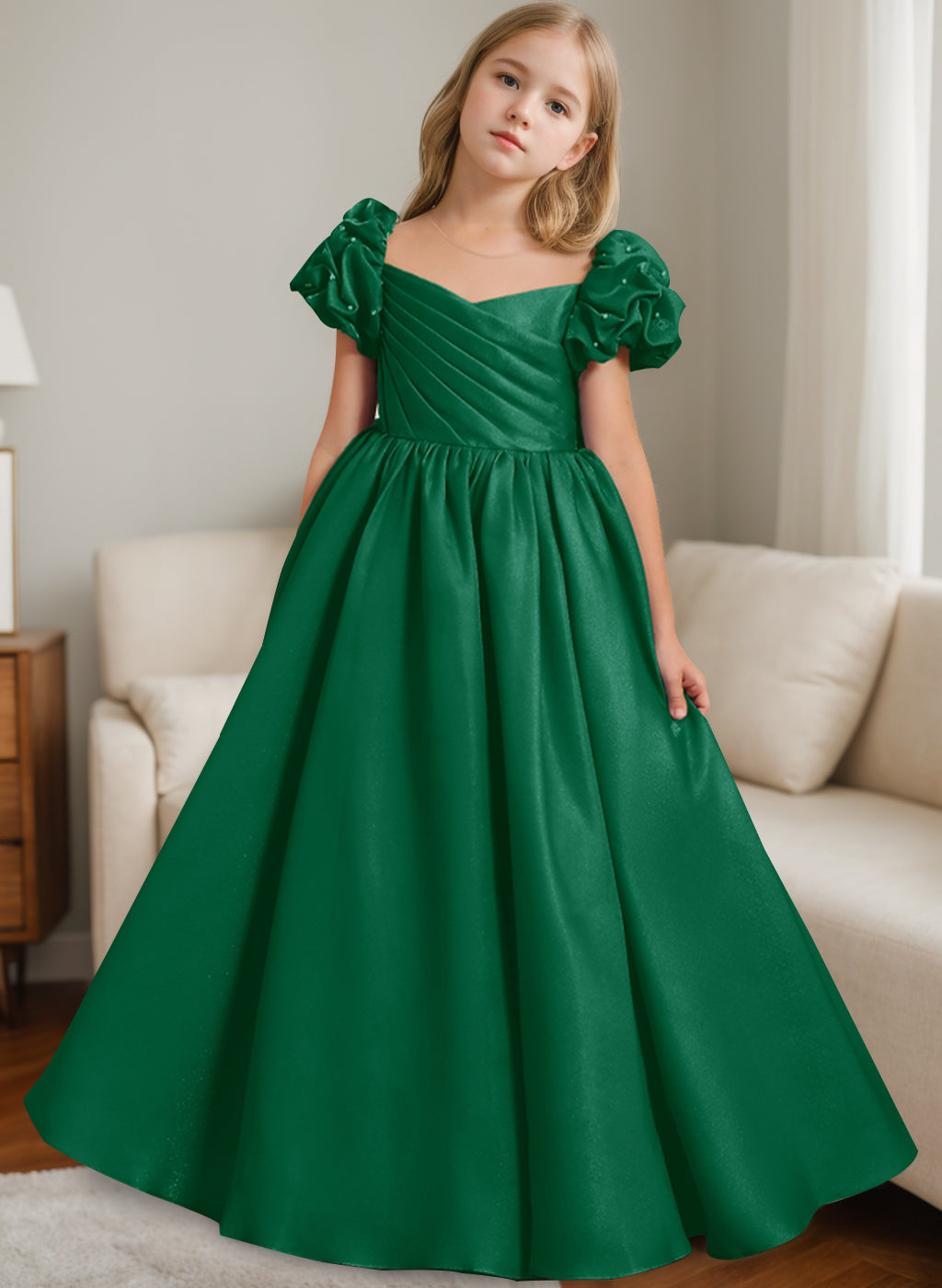 A-Line/Princess Scoop Neck Short Sleeves Floor-Length Flower Girl Dress with Ruffles Dark Green