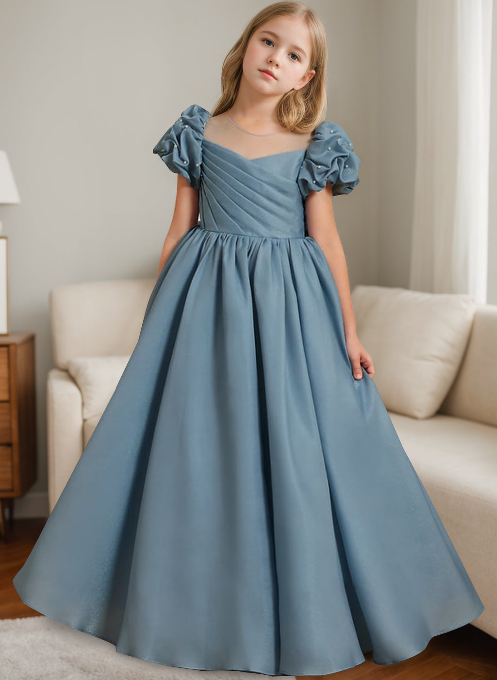A-Line/Princess Scoop Neck Short Sleeves Floor-Length Flower Girl Dress with Ruffles Dusty Blue