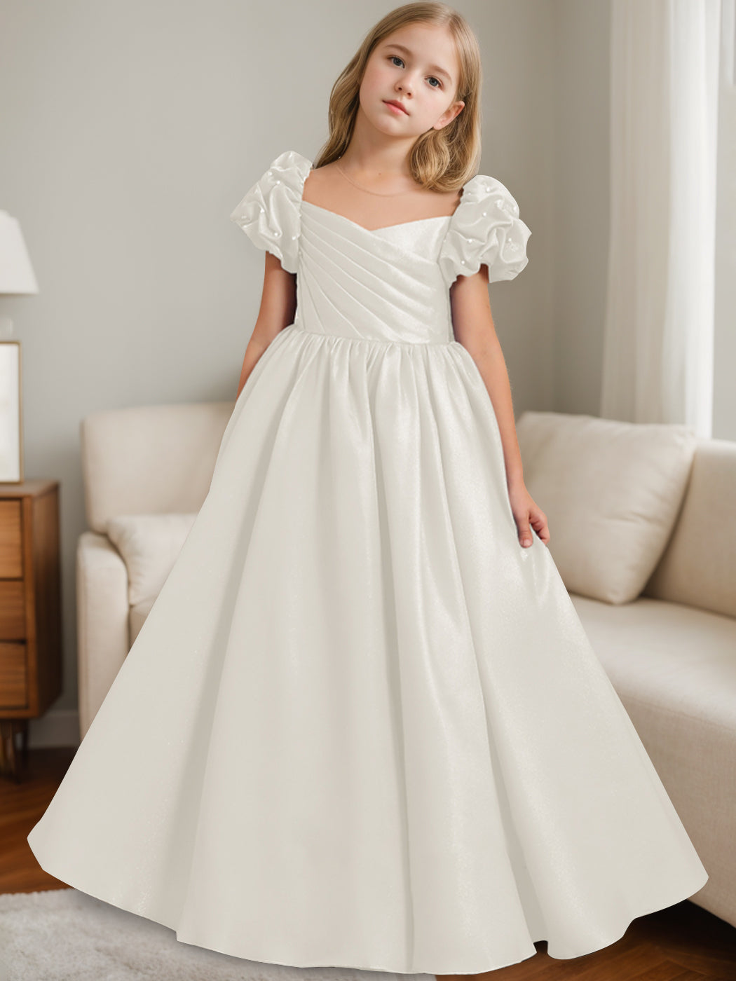 A-Line/Princess Scoop Neck Short Sleeves Floor-Length Flower Girl Dress with Ruffles Ivory