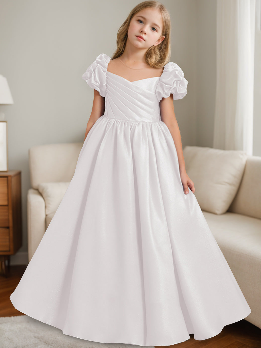 A-Line/Princess Scoop Neck Short Sleeves Floor-Length Flower Girl Dress with Ruffles White