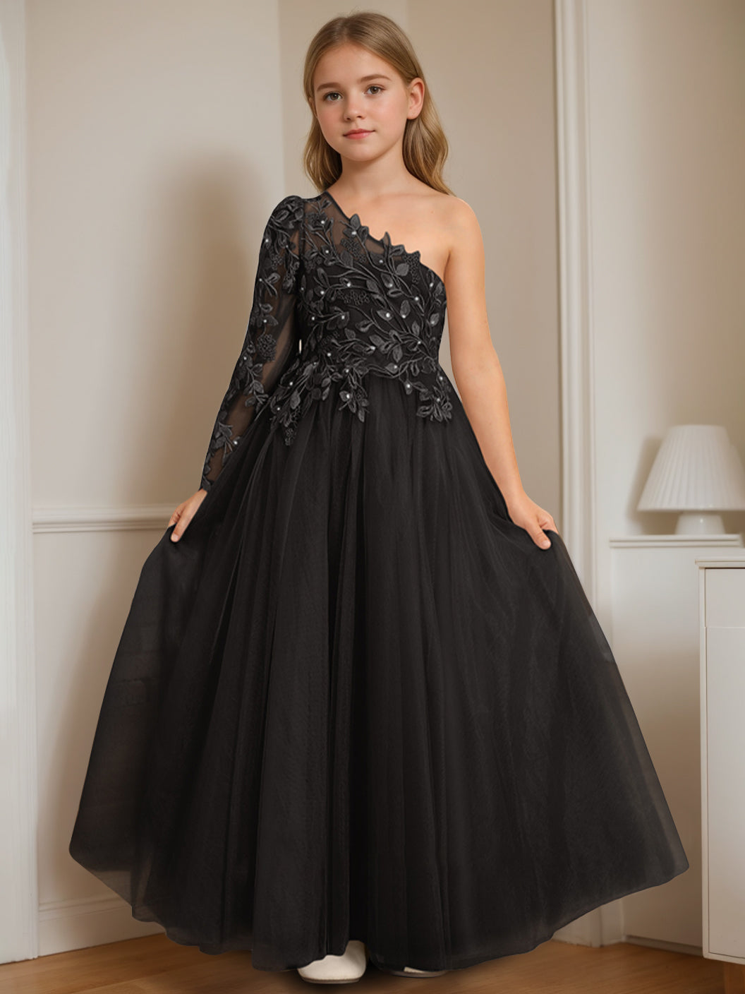 A-Line/Princess One-Shoulder Floor-Length Flower Girl Dress with Appliques Black