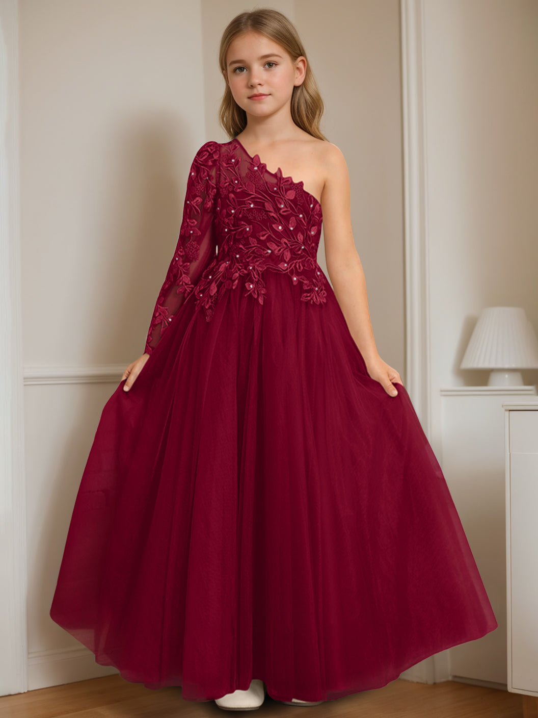 A-Line/Princess One-Shoulder Floor-Length Flower Girl Dress with Appliques Burgundy