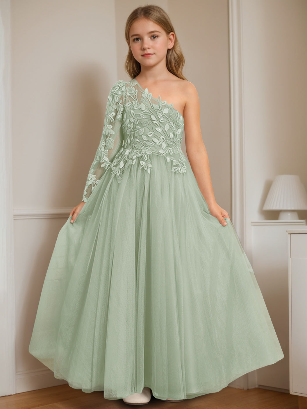 A-Line/Princess One-Shoulder Floor-Length Flower Girl Dress with Appliques Celadon