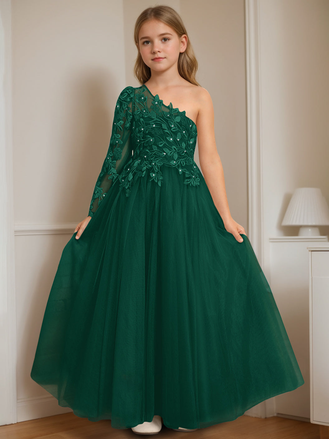 A-Line/Princess One-Shoulder Floor-Length Flower Girl Dress with Appliques Dark Green