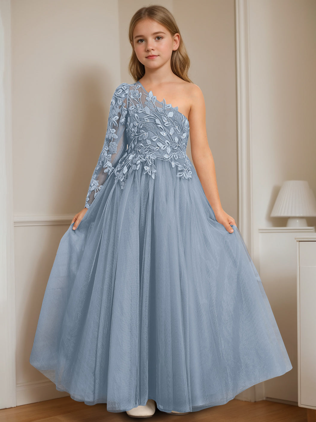 A-Line/Princess One-Shoulder Floor-Length Flower Girl Dress with Appliques Dusty Blue