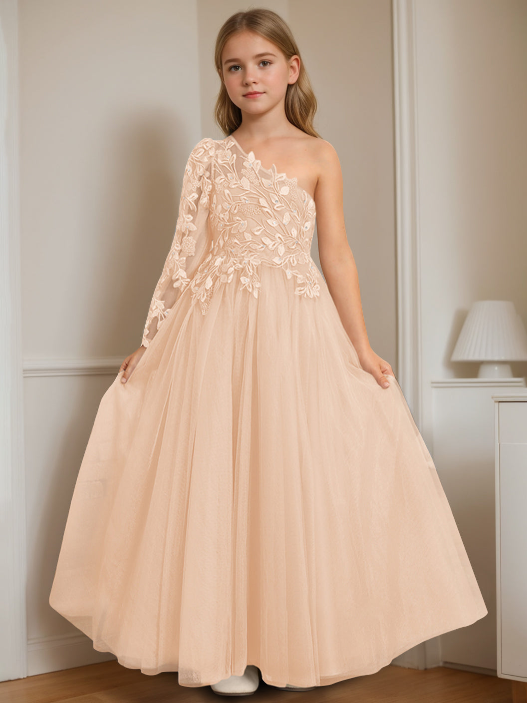 A-Line/Princess One-Shoulder Floor-Length Flower Girl Dress with Appliques Pearl Pink