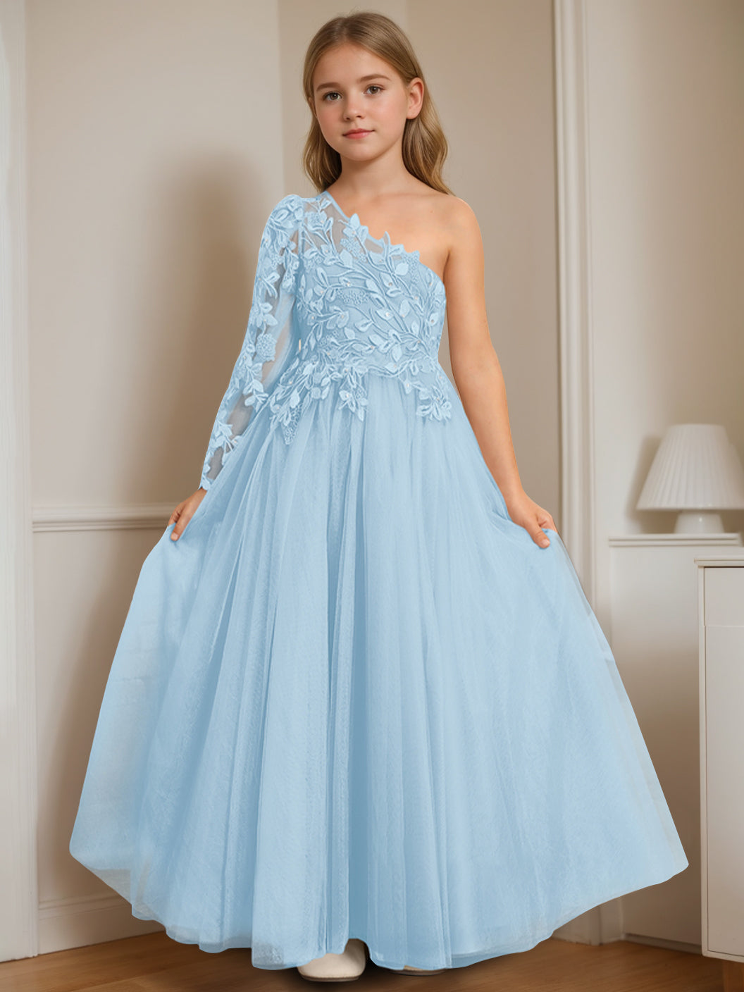 A-Line/Princess One-Shoulder Floor-Length Flower Girl Dress with Appliques Sky Blue