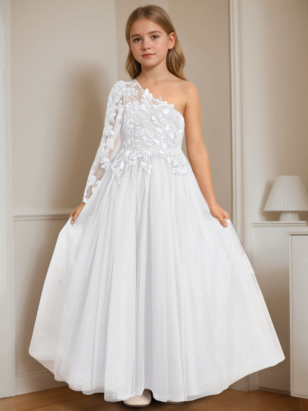 A-Line/Princess One-Shoulder Floor-Length Flower Girl Dress with Appliques White
