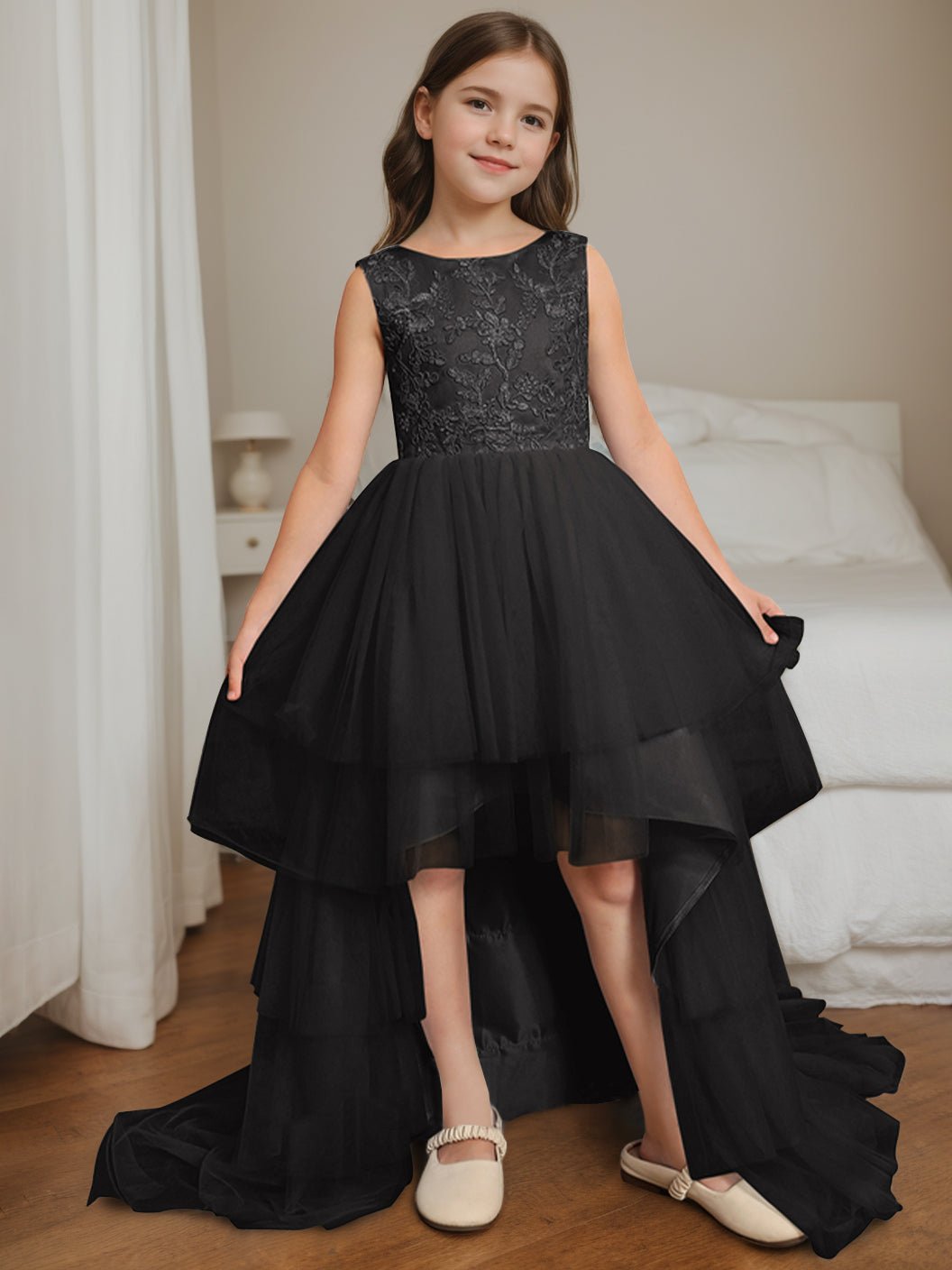 Ball-Gown Scoop Neck Sleeveless Asymmetrical Flower Girl Dress with Bowknot Black