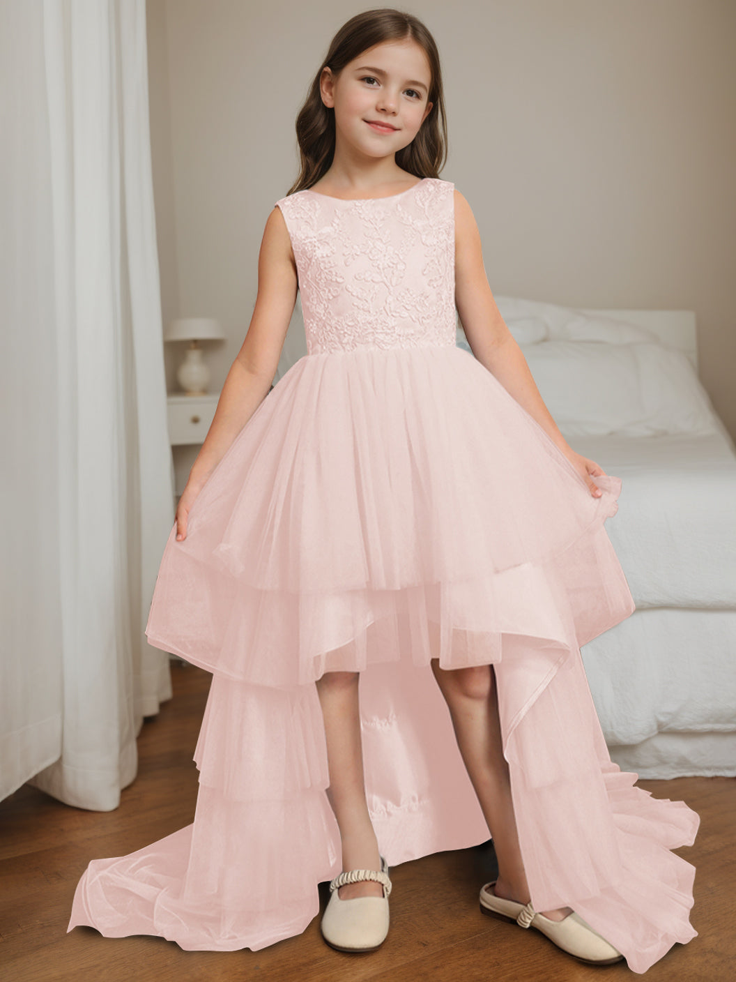 Ball-Gown Scoop Neck Sleeveless Asymmetrical Flower Girl Dress with Bowknot Blush Pink