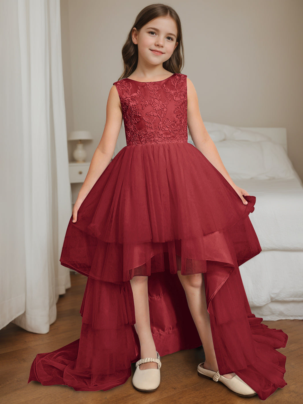 Ball-Gown Scoop Neck Sleeveless Asymmetrical Flower Girl Dress with Bowknot Burgundy