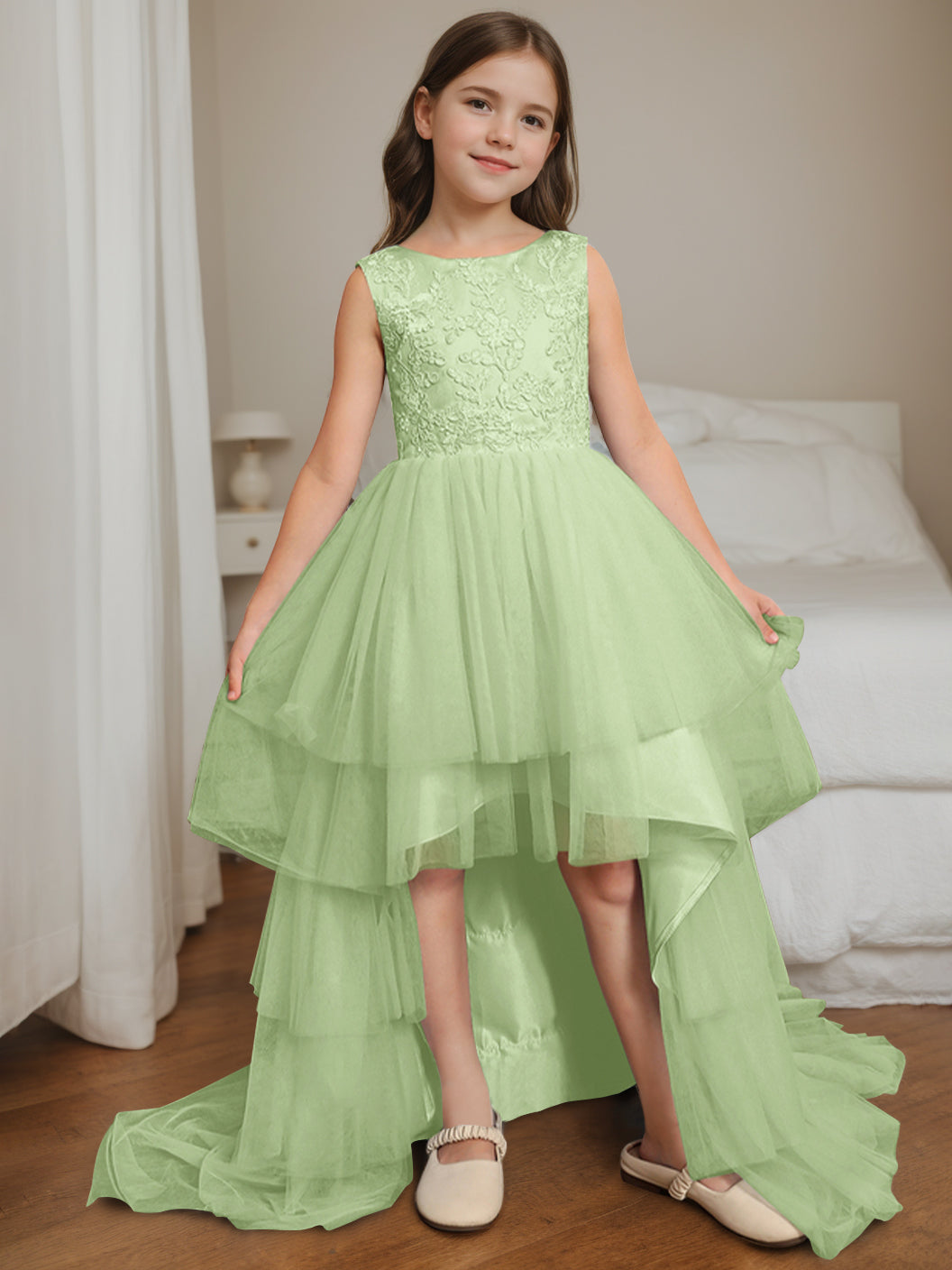 Ball-Gown Scoop Neck Sleeveless Asymmetrical Flower Girl Dress with Bowknot Celadon
