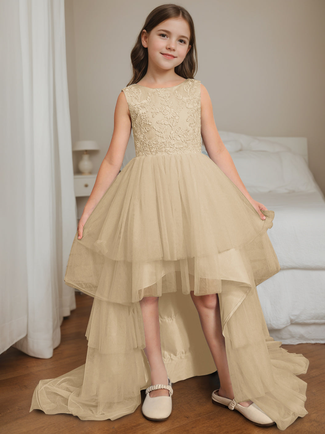Ball-Gown Scoop Neck Sleeveless Asymmetrical Flower Girl Dress with Bowknot Champagne