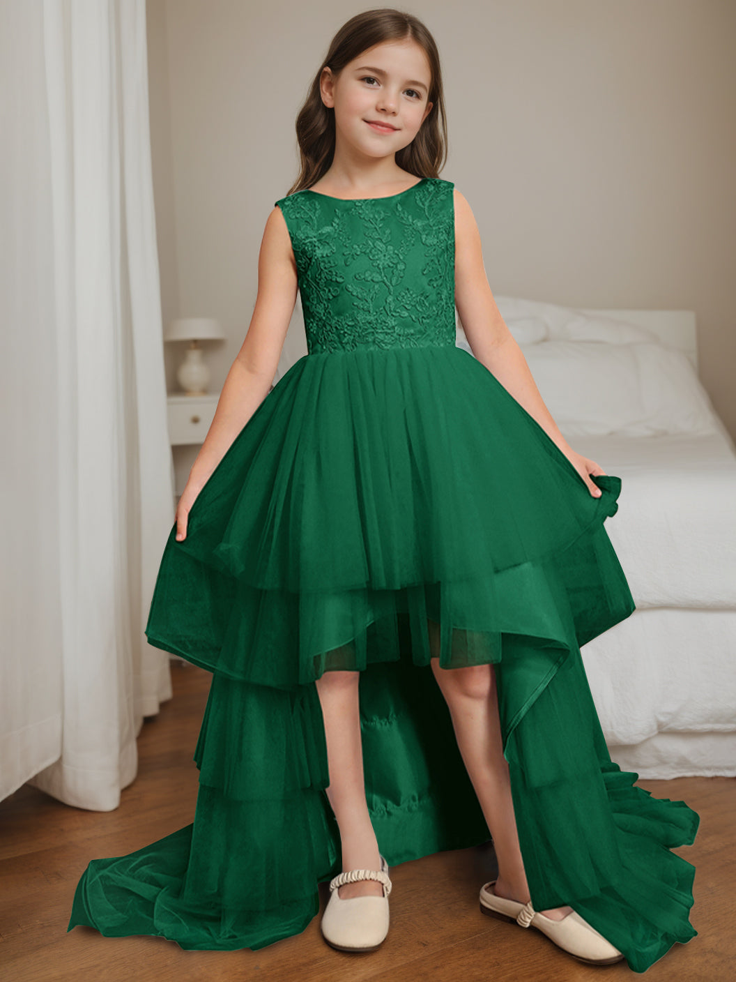 Ball-Gown Scoop Neck Sleeveless Asymmetrical Flower Girl Dress with Bowknot Dark Green