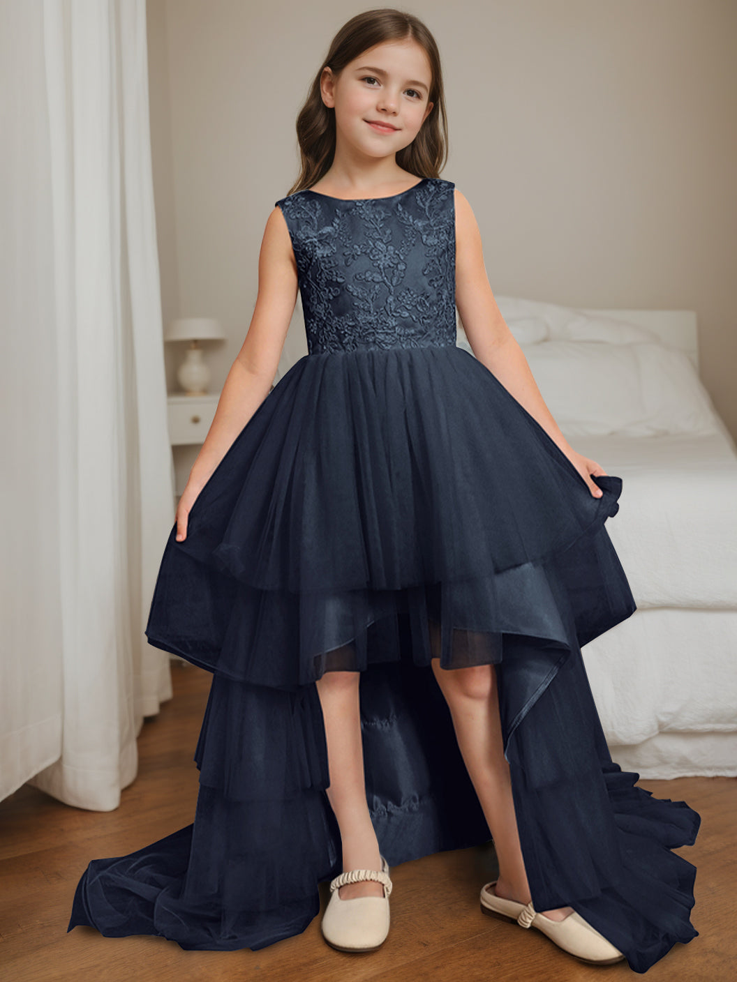 Ball-Gown Scoop Neck Sleeveless Asymmetrical Flower Girl Dress with Bowknot Dark Navy