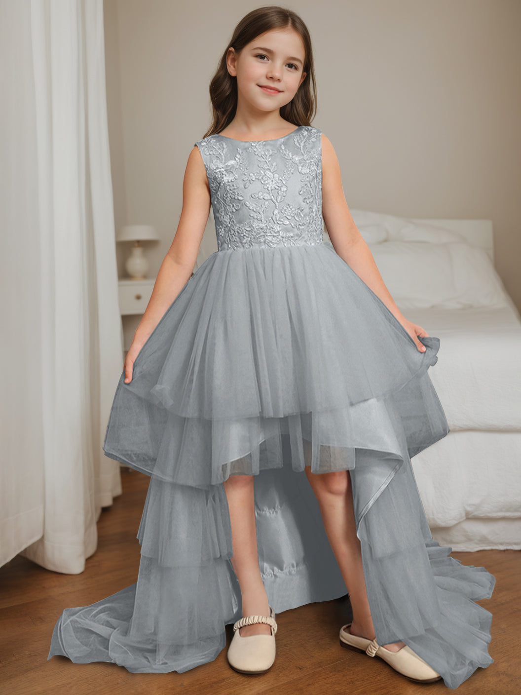 Ball-Gown Scoop Neck Sleeveless Asymmetrical Flower Girl Dress with Bowknot Dusty Blue