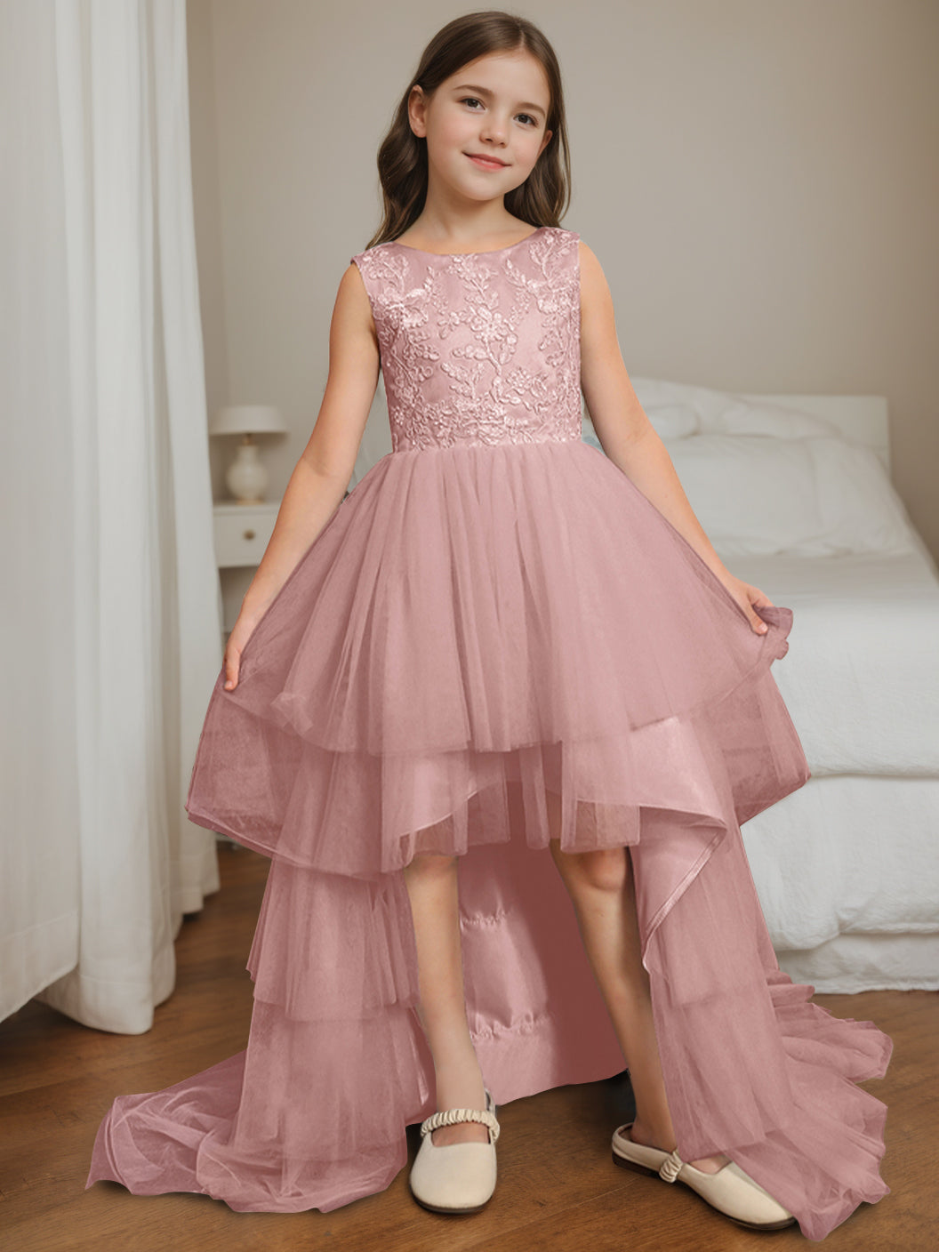 Ball-Gown Scoop Neck Sleeveless Asymmetrical Flower Girl Dress with Bowknot Dusty Rose