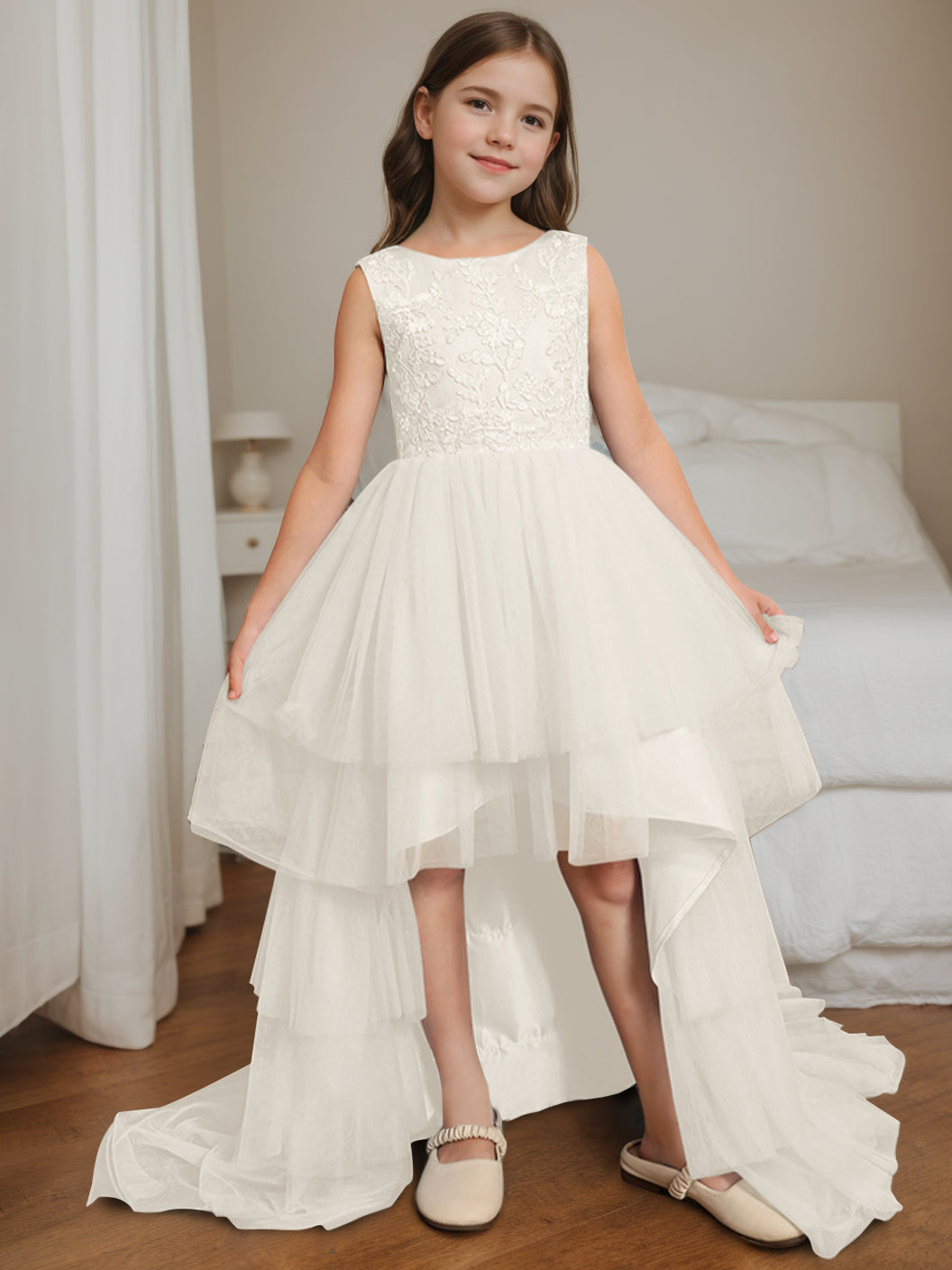 Ball-Gown Scoop Neck Sleeveless Asymmetrical Flower Girl Dress with Bowknot Ivory