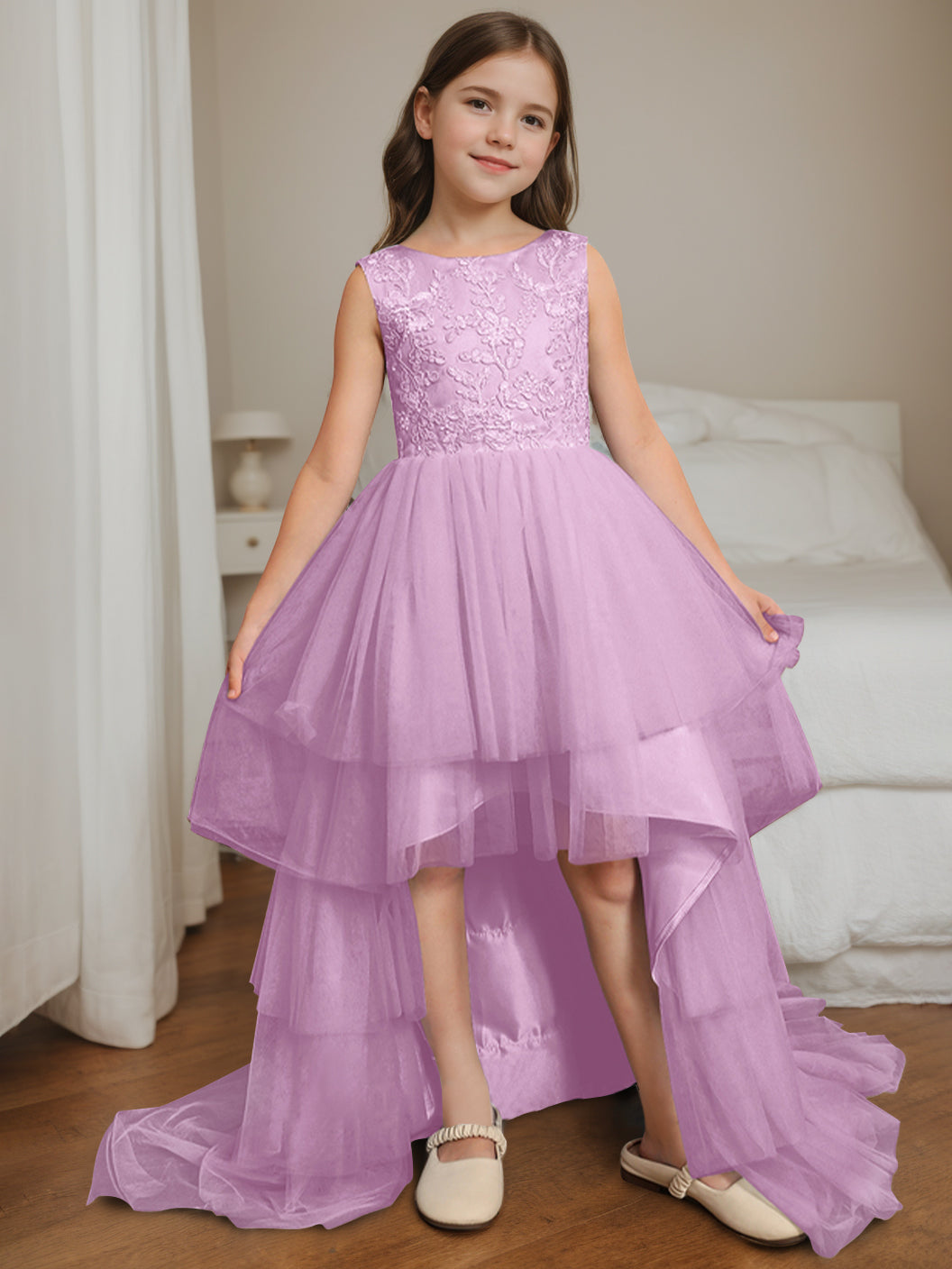 Ball-Gown Scoop Neck Sleeveless Asymmetrical Flower Girl Dress with Bowknot Lilac