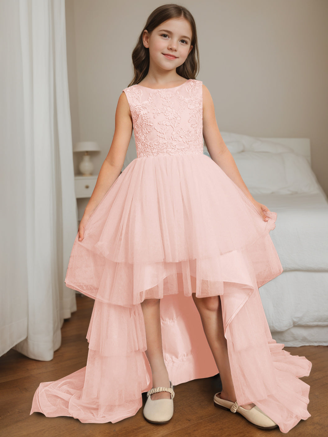 Ball-Gown Scoop Neck Sleeveless Asymmetrical Flower Girl Dress with Bowknot Pearl Pink