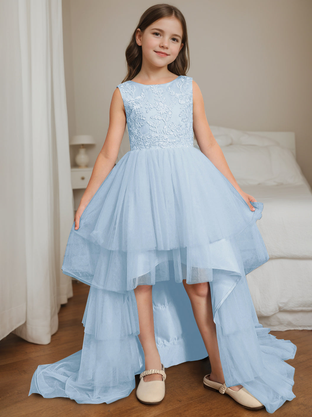 Ball-Gown Scoop Neck Sleeveless Asymmetrical Flower Girl Dress with Bowknot Sky Blue