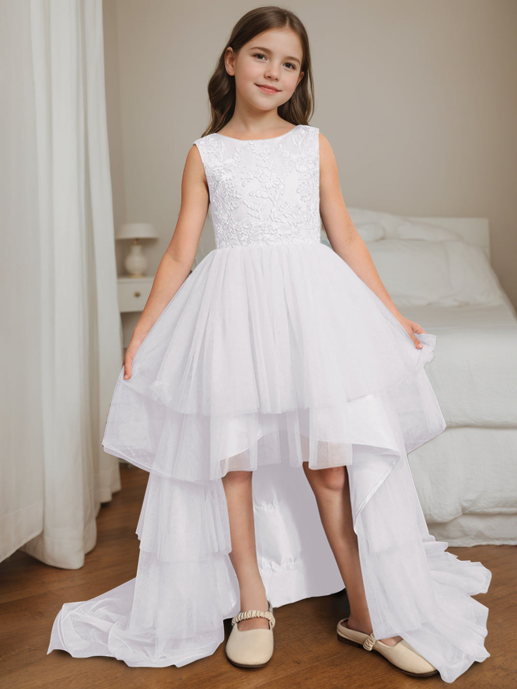 Ball-Gown Scoop Neck Sleeveless Asymmetrical Flower Girl Dress with Bowknot White