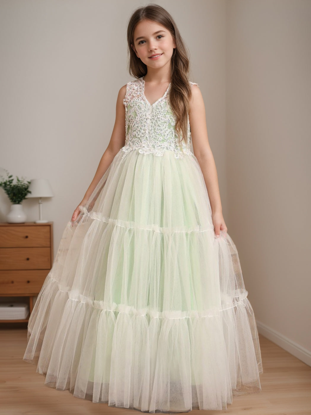 Ball-Gown V-Neck Sleeveless Floor-Length Flower Girl Dress With Lace Celadon