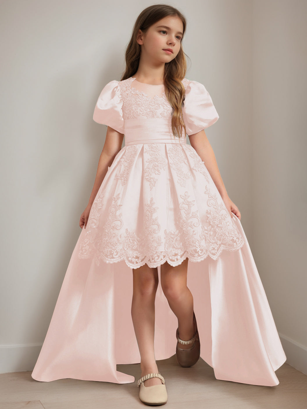 Ball-Gown Scoop Neck Short Sleeves Knee-Length Flower Girl Dress with Appliques Blush Pink