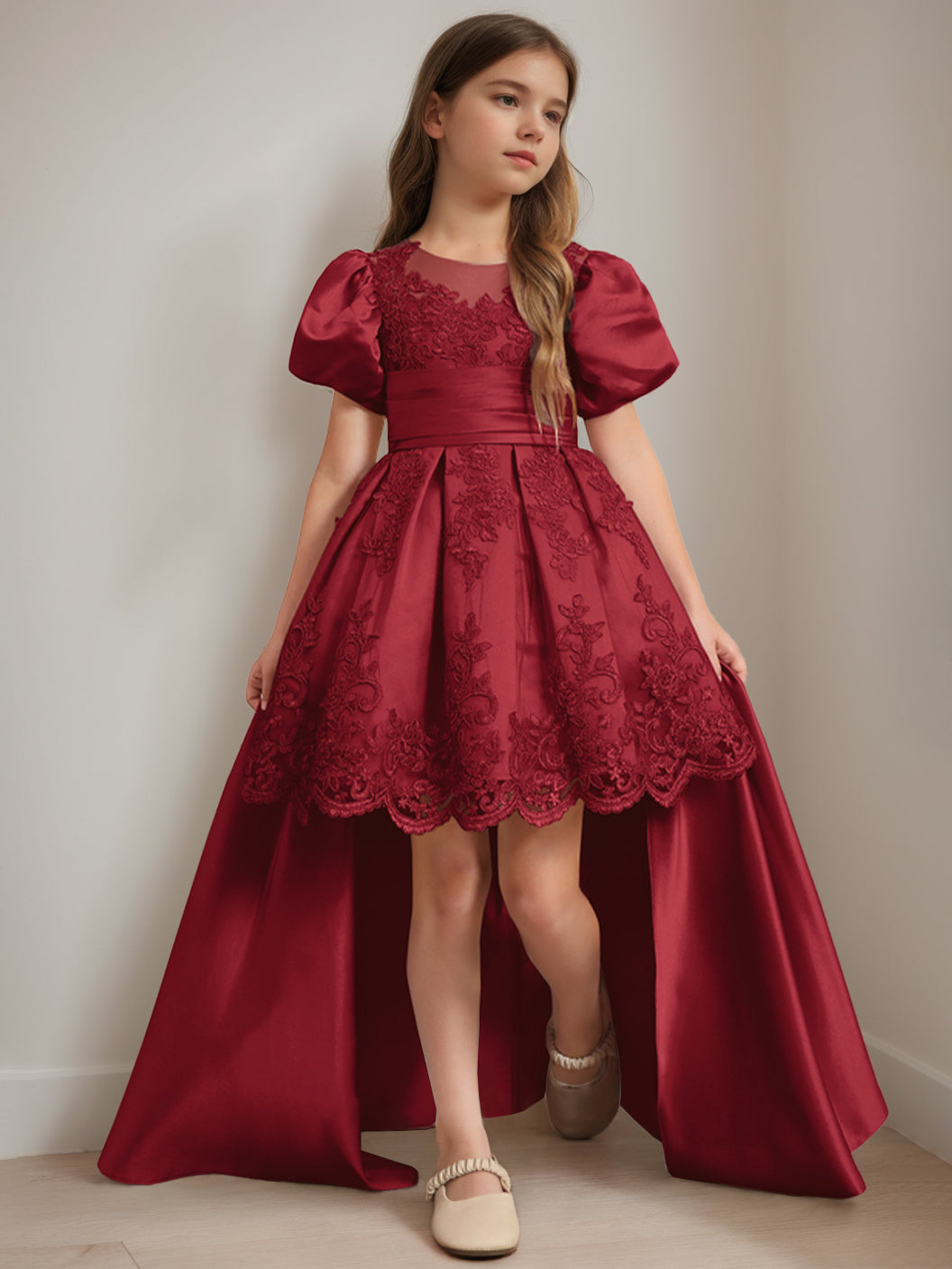 Ball-Gown Scoop Neck Short Sleeves Knee-Length Flower Girl Dress with Appliques Burgundy