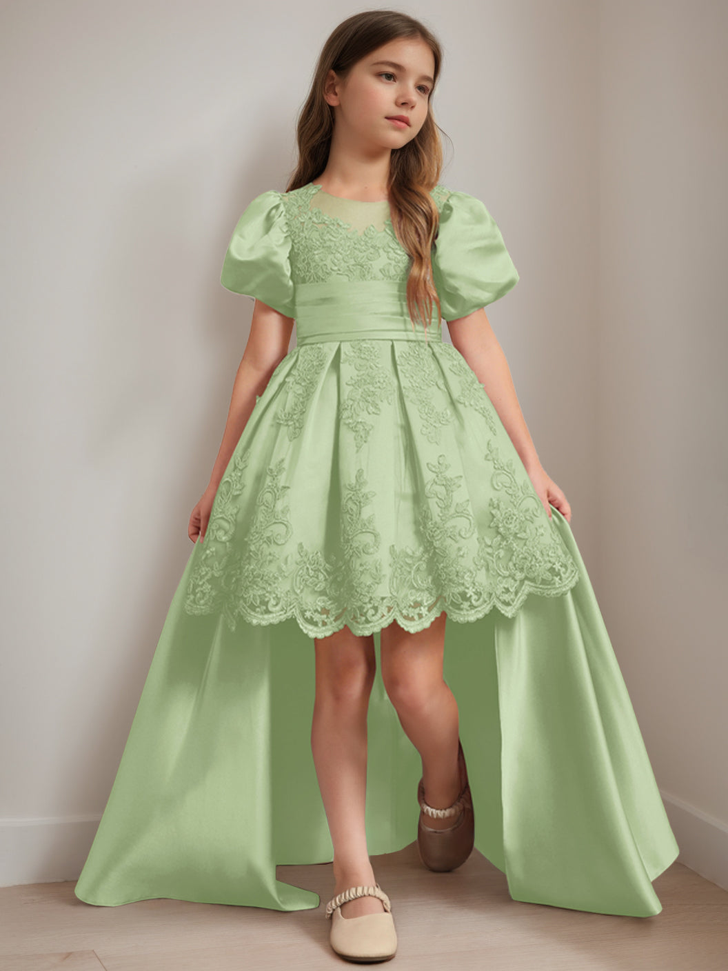 Ball-Gown Scoop Neck Short Sleeves Knee-Length Flower Girl Dress with Appliques Celadon