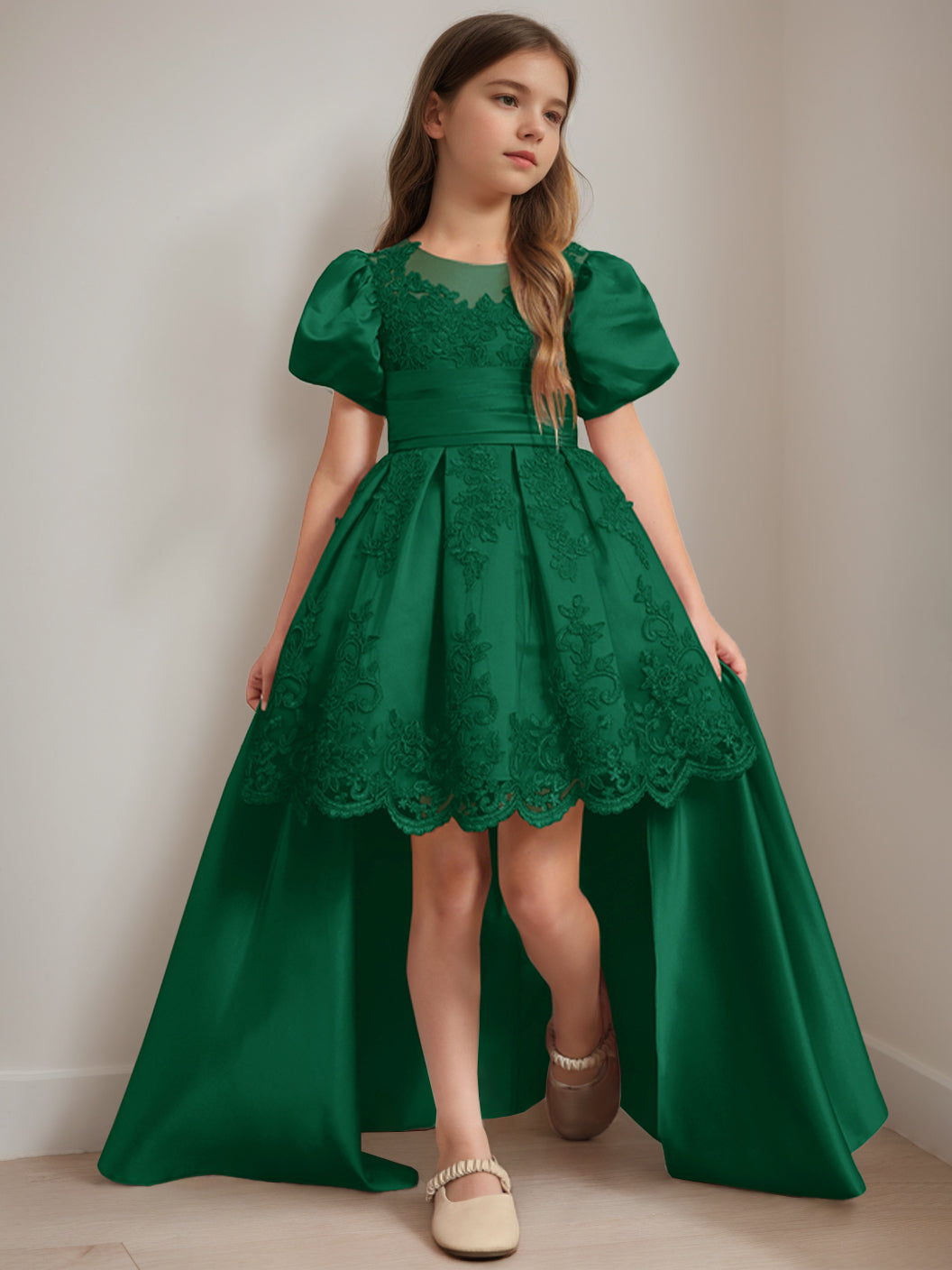 Ball-Gown Scoop Neck Short Sleeves Knee-Length Flower Girl Dress with Appliques Dark Green
