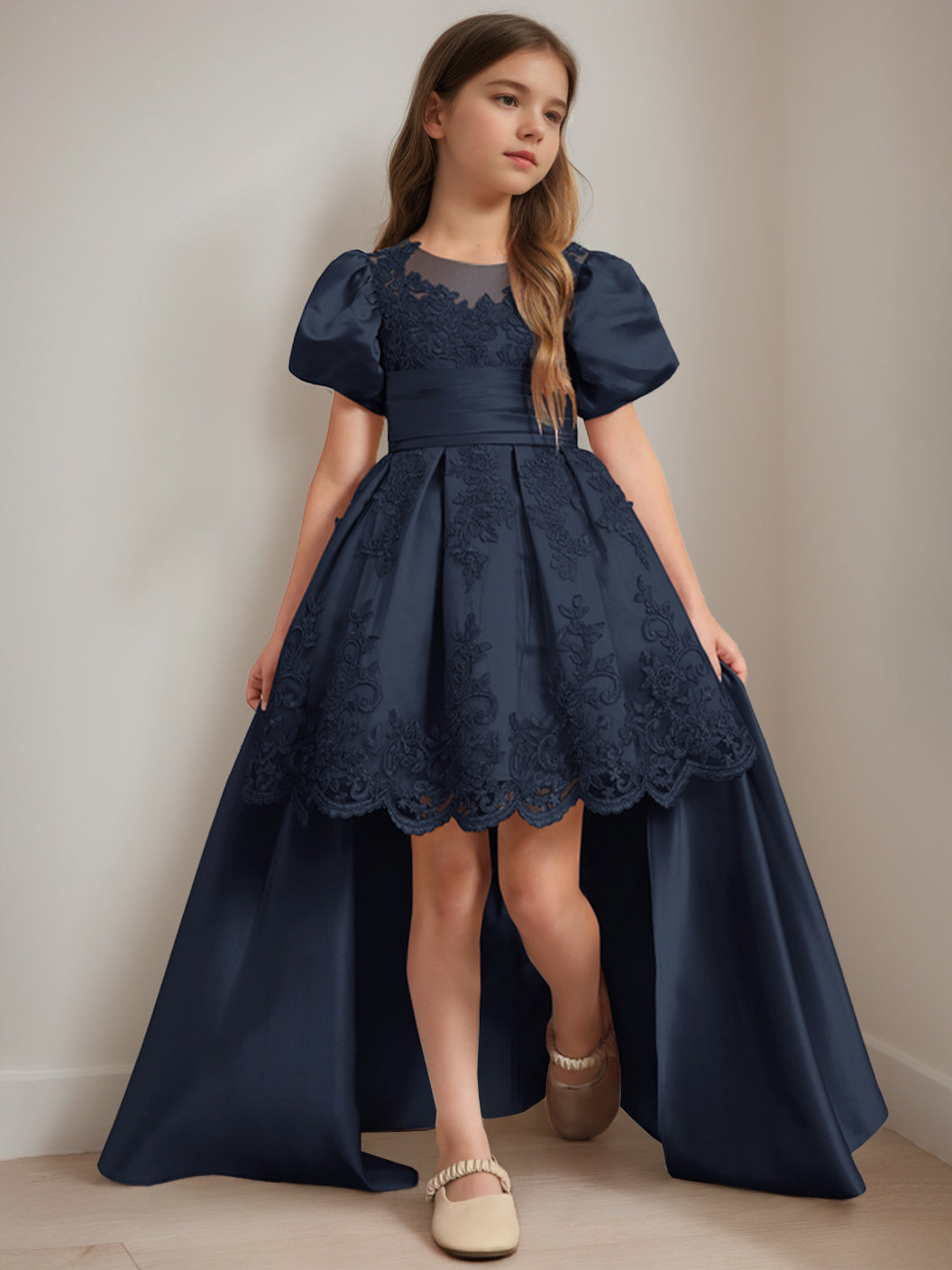 Ball-Gown Scoop Neck Short Sleeves Knee-Length Flower Girl Dress with Appliques Dark Navy