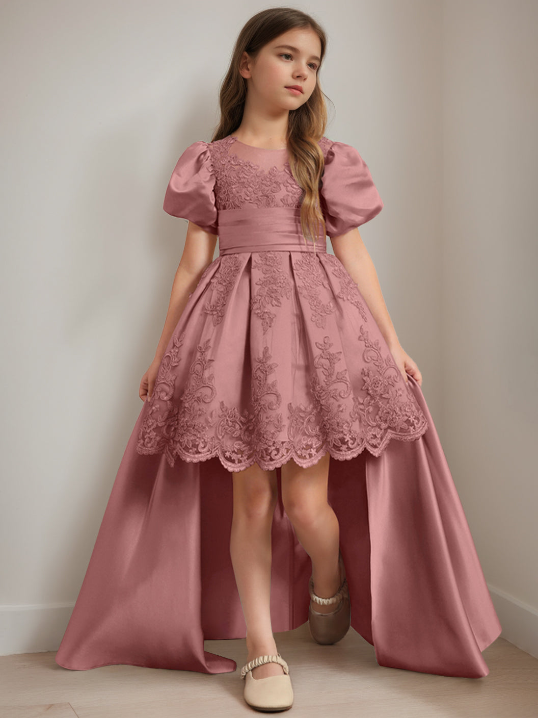 Ball-Gown Scoop Neck Short Sleeves Knee-Length Flower Girl Dress with Appliques Desert Rose