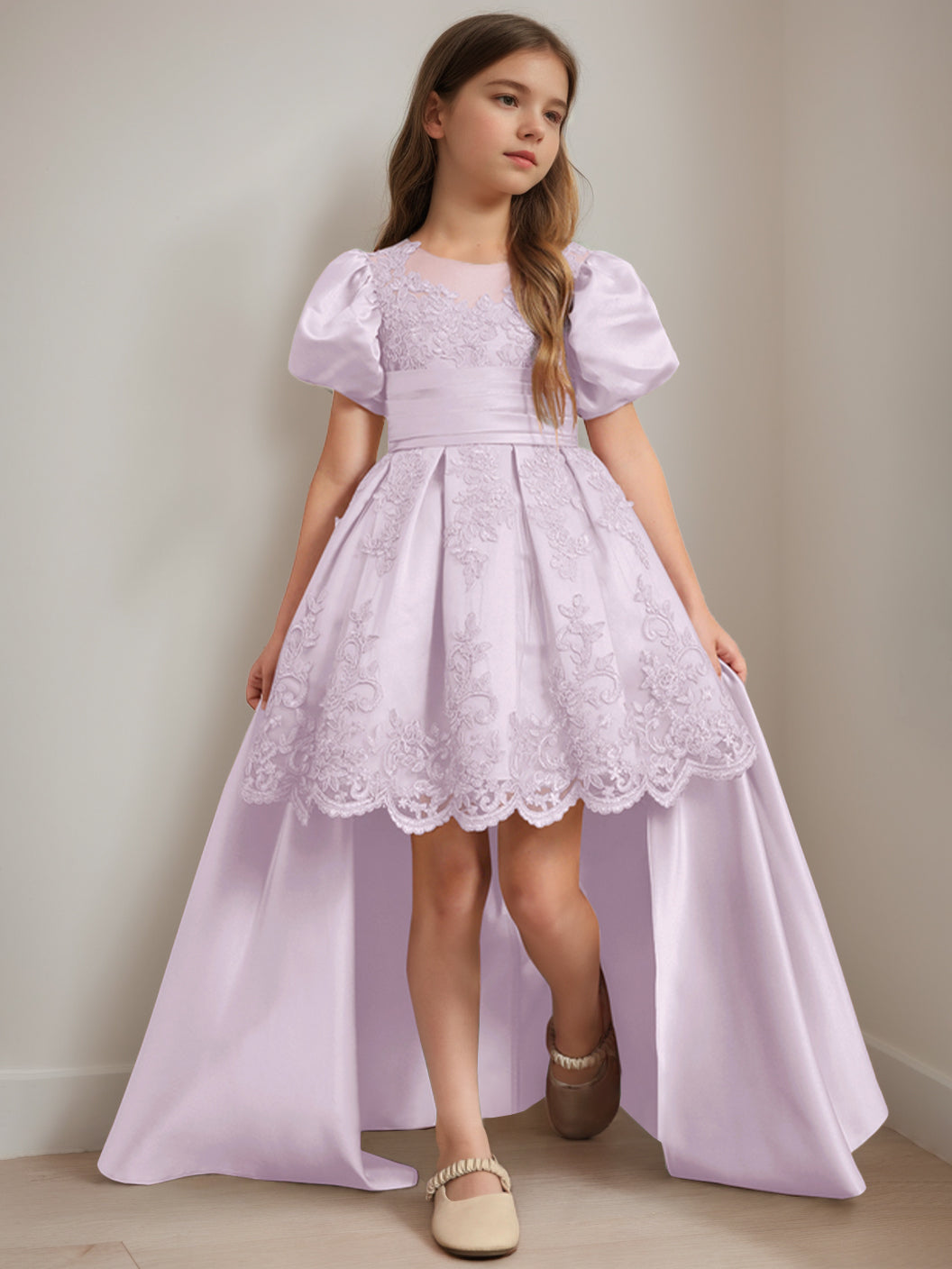 Ball-Gown Scoop Neck Short Sleeves Knee-Length Flower Girl Dress with Appliques Dusty Lavender